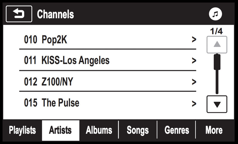 Channels displayed on the Chevy Factory Radio showing the Sirius XM channels