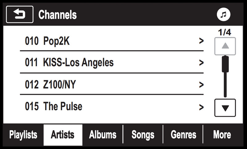 Channels displayed on the GMC Factory Radio showing the Sirius XM channels