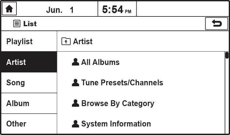 Browse Artists using Hyundai factory controls